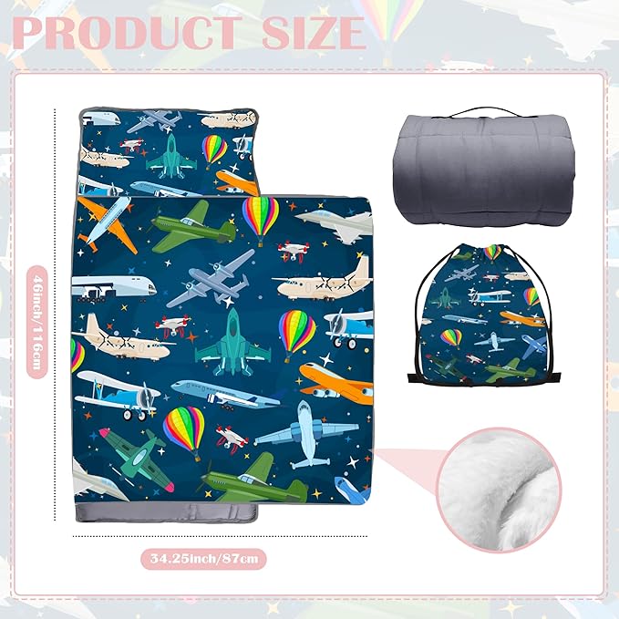 Cute Toddler Nap Mat with Pillow & Blanket，Soft Rolled Napping Mats for Boys and Girls