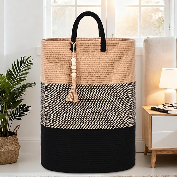 Woven Laundry Basket for Clothes, 50 L Large Rectangle Laundry Hampers with Beads Tassel, Nursery Storage Basket for Toys, Tall Dirty Clothes Hamper for Bedroom Aesthetic, Laundry Room Organization