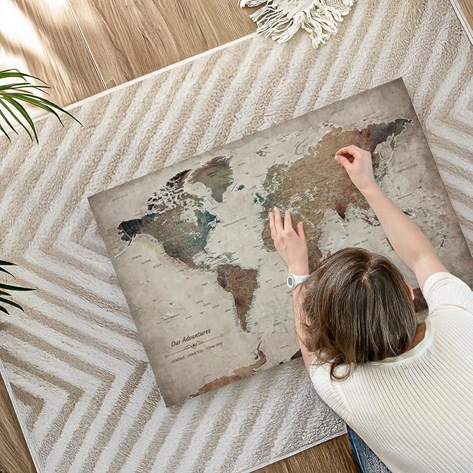 ElephantStock - Our Adventures World Map With Push Pin Iii Wall Art - Horizontal Canvas Wall Art - Living Room Wall Decor - Printmaking Map Canvas Art - Beige And Brown Decor - 36" x 24"