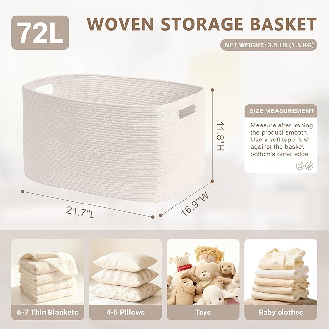 72L Large Baby Girls Laundry Basket for Nursery Storage,Cute Woven cotton Rope Baskets for Kids Toy，Gifts,Boho Square Wicker Blanket hamper for Living Room,Bedroom Dirty Clothes, White