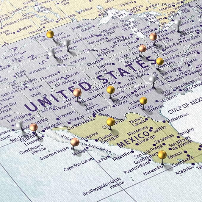 ElephantStock - Push Pin Travel Map World I Wall Art - Horizontal Canvas Wall Art - Living Room Wall Decor - Printmaking Map Canvas Art - Blue And Beige Decor - 45" x 30"