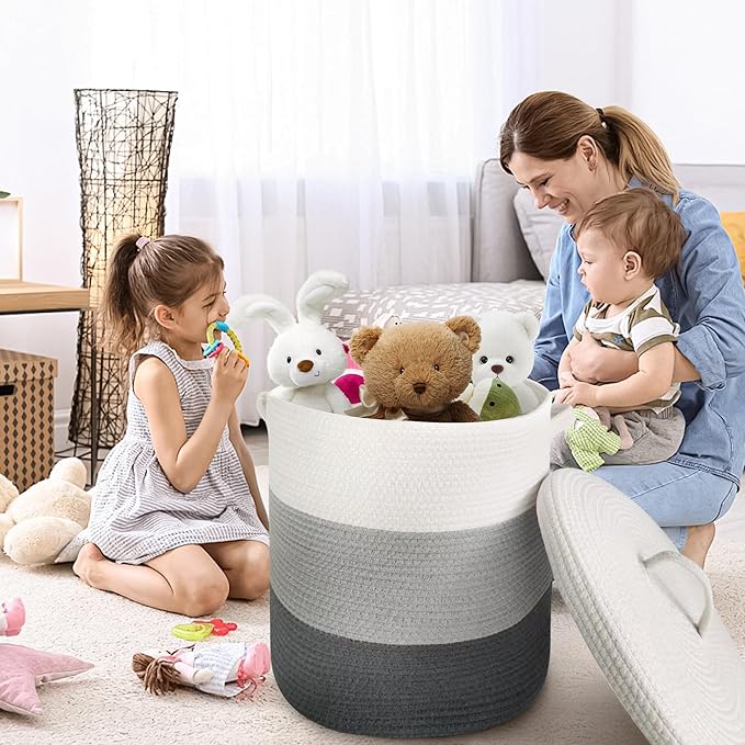 Large Storage Basket with Lid 60L, 16"Wx18"H Woven Laundry Basket with Lid Cotton Laundry Basket, Wicker Basket Blankets Pillows Storage in Living Room Baby Nursery, Dark Gray/Gray/White Mix with Lid