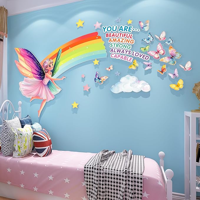 3D Fairy Wall Stickers for Girls Room Decor Wall Decals Peel and Stick for Girls Bedroom Large Pink Princess Pictures Kids Murals Wallpaper Art Inspirational Decor for Nursery Toddler