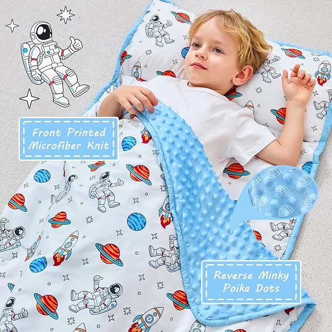 Toddler Nap Mat with Pillow and Blanket, Extra Large Rolled Napping Mats,Slumber Bags for Boys Girls,Kids Sleeping Bag for Daycare, Preschool Travel Camping