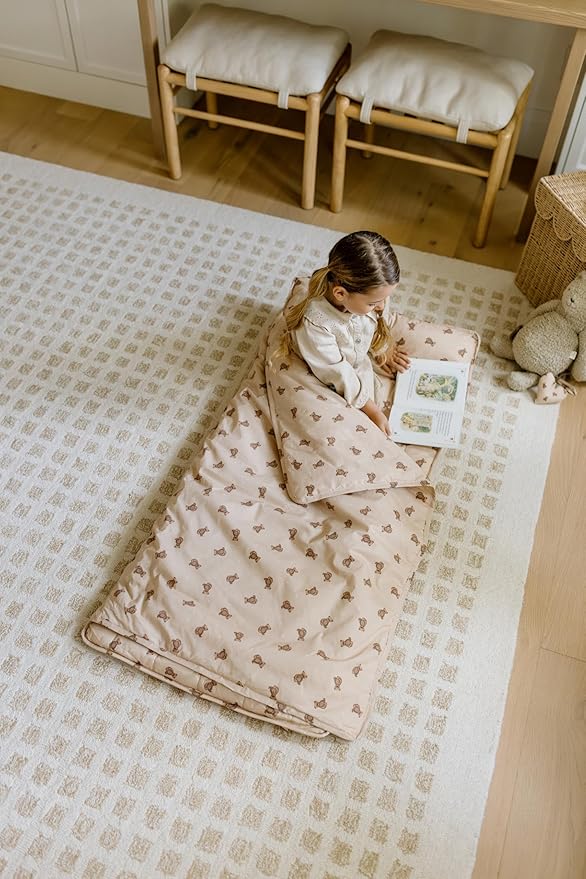 Organic Toddler Nap Mat – 100% Cotton Kids Washable Sleeping Mat & Detachable Pillow – Sleeping Bag with Soft 1.5” Pad – Ideal Nap Mat for Daycare, Preschool, & Sleepovers