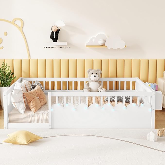 Full Size Floor Bed for Kids, Wood Montessori Floor Bed Full with High Rails & Storage Shelf, Baby Floor Beds with LED Light for Boys & Girls, White