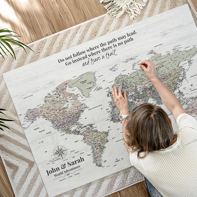ElephantStock - Personalized Leave A Trail Iii Push Pin World Map Wall Art - Horizontal Canvas Wall Art - Living Room Wall Decor - Digital Art Map Canvas Art - White And Gray Decor - 51" x 34"
