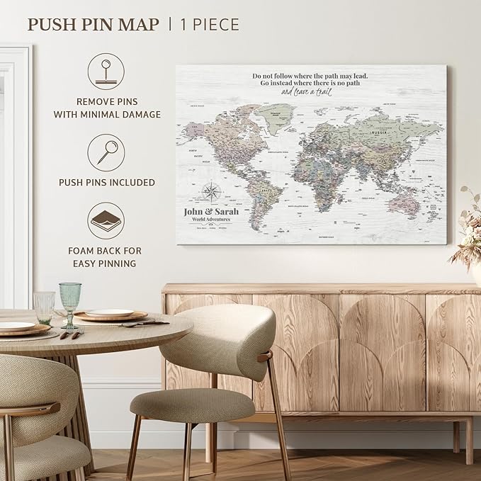 ElephantStock - Personalized Leave A Trail Iii Push Pin World Map Wall Art - Horizontal Canvas Wall Art - Living Room Wall Decor - Digital Art Map Canvas Art - White And Gray Decor - 36" x 24"