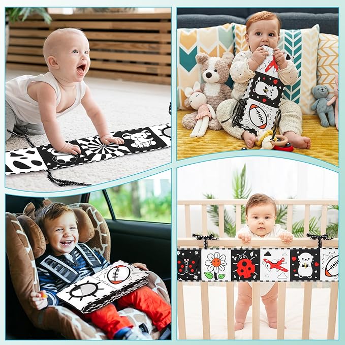 High Contrast Baby Book with Tummy Time Mirror & Contrast Cards | Black and White Visual Stimulation for Newborns 0-6 Months & Infants | Interactive Learning Gift, Baby Shower Essential