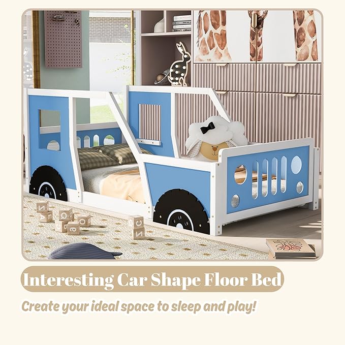 Twin Size Car Bed, Wood Floor Bed Frame with Headboard & Footboard and 4 Side Rails, Kids Racecar Bed for Boys Girls Teens, Blue