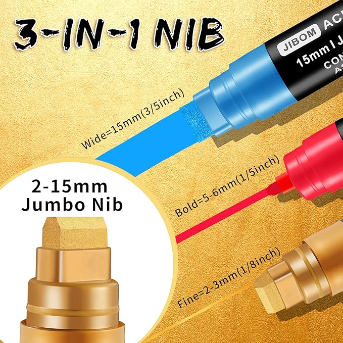 10 Colors Jumbo Acrylic Paint Markers (2 Metallic), 15mm Extra Large Felt Tip Thick Paint Pens for Rock, Wood, Ceramic, Glass, Canvas, Eggs,Pumpkins, Poster Painting Vibrant, Long Lasting Art Supplies