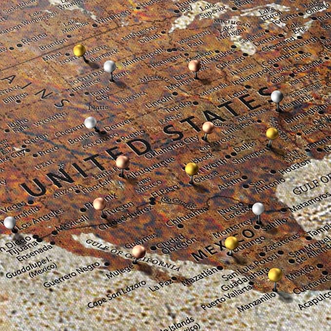 ElephantStock - Our Adventures World Map With Push Pin Iii Wall Art - Horizontal Canvas Wall Art - Living Room Wall Decor - Printmaking Map Canvas Art - Beige And Brown Decor - 45" x 30"