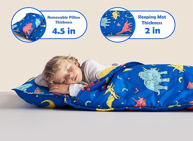 Toddler Nap Mat with Removable Pillow & Minky Blanket Sleeping Bag for Kids Handle & Fastening Nap Mats for Preschool Daycare Kindergarten Kids Sleeping Bag (Ages 2-7 Years) Blue Dinosaur