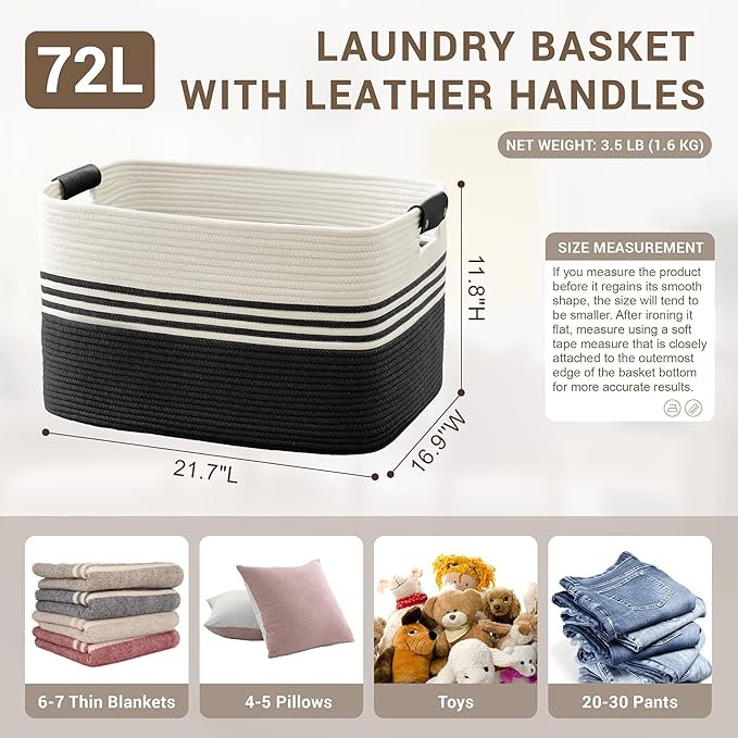 72L Large Laundry Basket with Leather Handles for Living Room Storage, Woven Rope Baskets Bin for Blanket, Kids Toy, Gifts, Wicker Hamper for Bedroom Dirty Clothes, 22"x17"x12" White Black