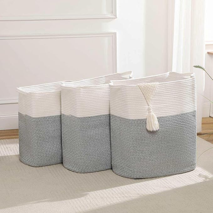 Tall Laundry Basket With Handles,Woven Cotton Rope Big Laundry Hamper Sorters,Versatile Storage for Dirty Clothes,Baby Toys,and Blankets in Bathroom, Nursery,and Living Room (Silver Gray, 50L)