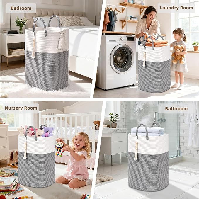 Woven Laundry Basket for Clothes, 65L Large Rectangle Laundry Hampers with Beads Tassel, Nursery Storage Basket for Toys, Tall Dirty Clothes Hamper for Bedroom Aesthetic, Laundry Room Organization