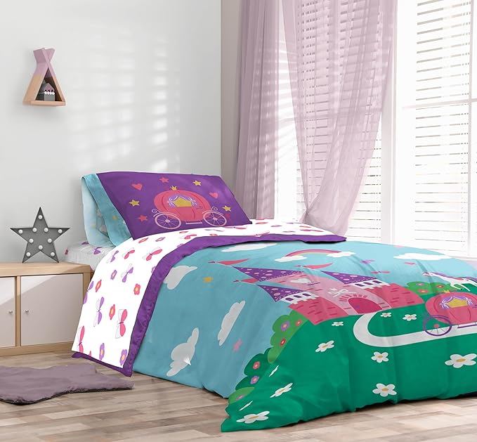 Sunny Side Up Magic Castle Full Comforter Set - 7 Piece Kids Bedding Includes Comforter, Sheets & Pillow Cover - Super Soft Floral Microfiber Bed Set