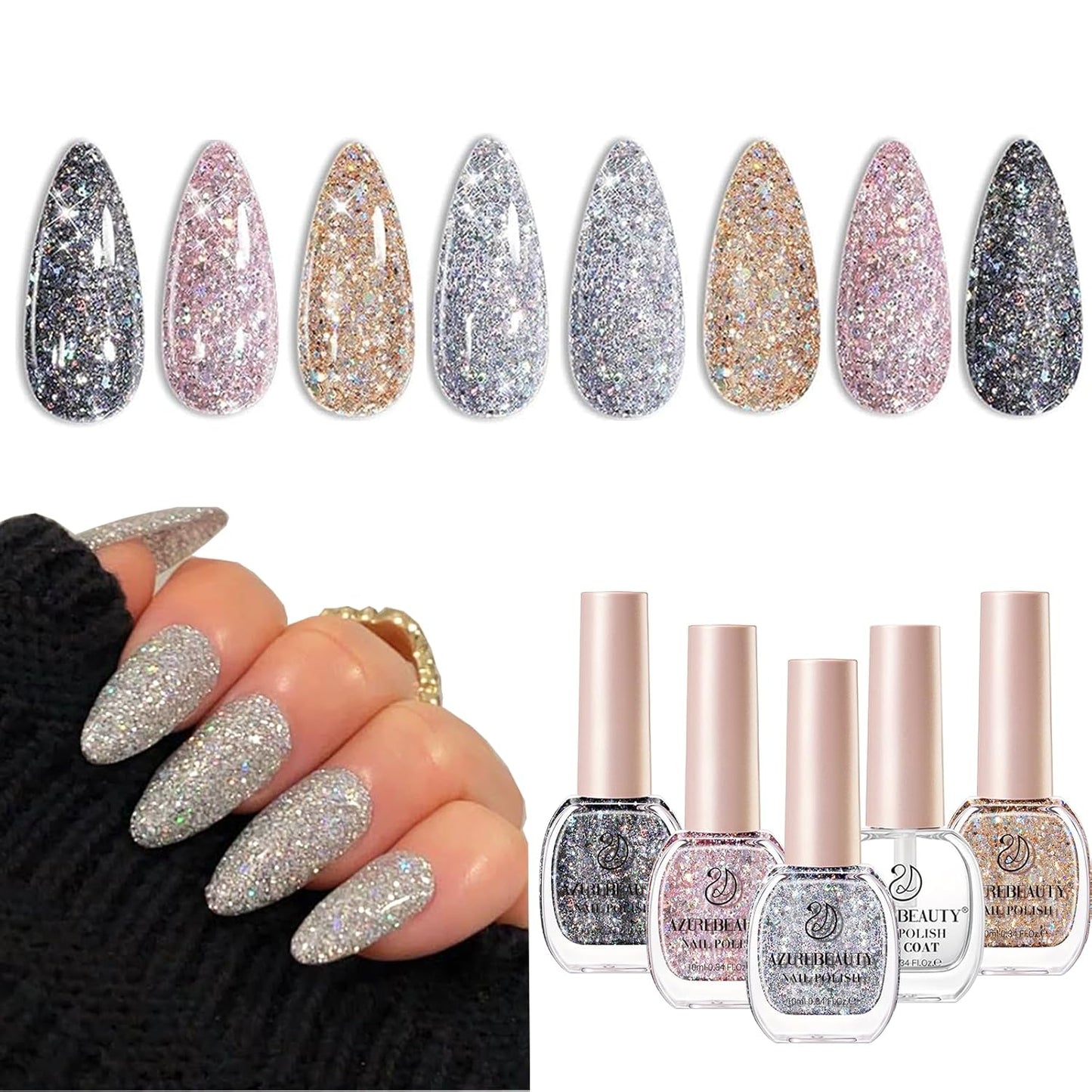 AZUREBEAUTY Nail Polish Set, 4 Colors Dazzling Gold Silver Pink Quick Dry Natural Nail with Top Coat,Professional for Nail Art DIY Manicure and Pedicure at Home
