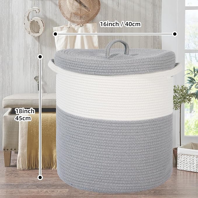 Large Storage Basket with Lid 60L, 16"Wx18"H Woven Laundry Hamper Basket with Handle, Room Decor Cotton Rope Wicker Basket Toy Organizer Bins for Clothes Blankets Pillows, Gray/White Mix includes Lid