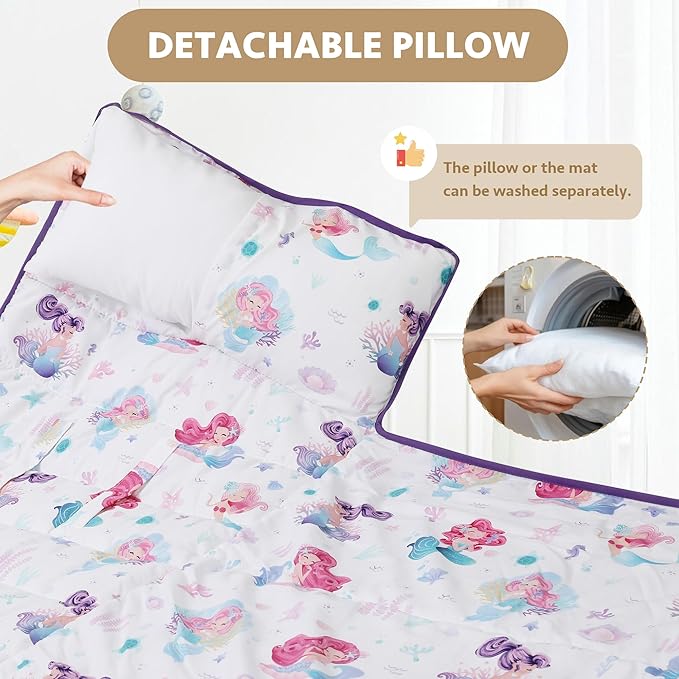 Toddler Nap Mat with Detachable Pillow & Blanket - Soft Plush Minky Fleece Kids Sleeping Bag for Daycare, Preschool & Travel - Portable Roll-Up Design with Carry Handle - Boys Girls Ages 3+