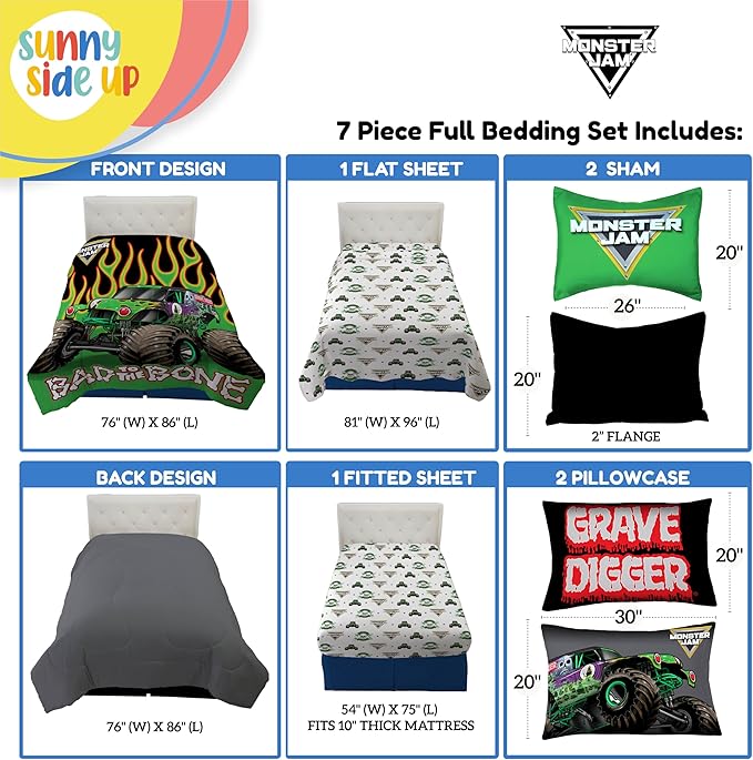 Sunny Side Up Monster Jam Full Comforter Set - 7 Piece Kids Bedding Includes Comforter, Sheets & Pillow Cover - Super Soft Trucks Microfiber Bed Set