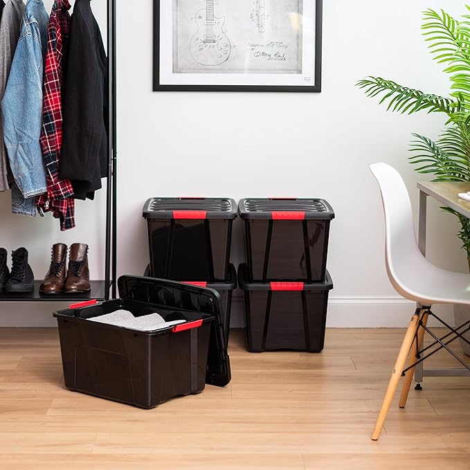 IRIS USA 40 Qt Stackable Plastic Storage Bins with Lids, 4 Pack - BPA-Free, Made in USA - Garage Organizing Solution, Latches, Durable Nestable Containers, Secure Pull Handle - Black