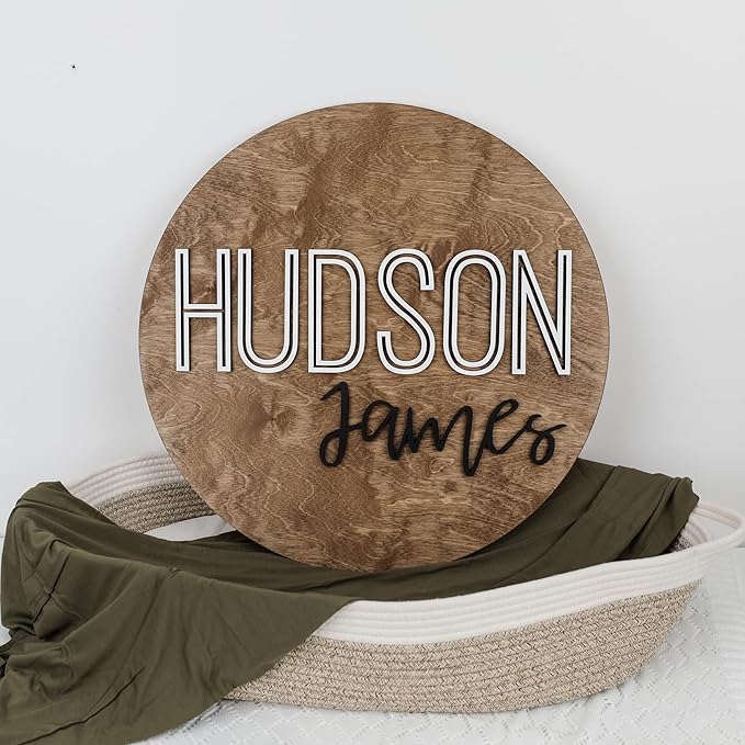 Custom Round Nursery Name Sign, Personalized Wooden Wall Plaque, 12" 18" 24", 30" 3D Wall Art for Children & Kids Rooms, Baby Shower, Hickory Hollow Designs (Hudson James)