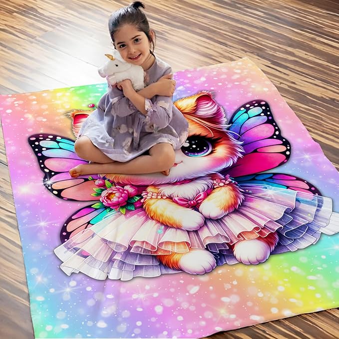 Girls Cat Blanket, Throw for Toddler Kids Daughter Cat Lovers 30x40 Inches Soft Cozy Rainbow Print Throw Blankets for Sofa Couch Bed Travel Cute Birthday Gift