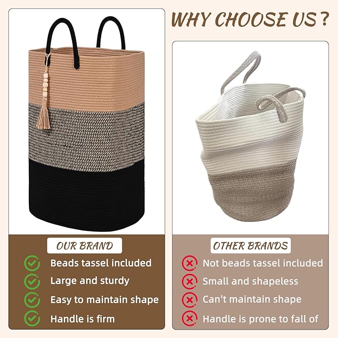 Woven Laundry Basket for Clothes, 65L Large Rectangle Laundry Hampers with Beads Tassel, Nursery Storage Basket for Toys, Tall Dirty Clothes Hamper for Bedroom Aesthetic, Laundry Room Organization