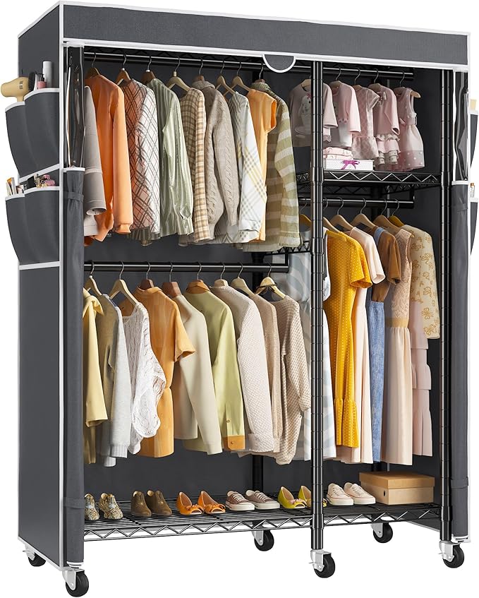 Raybee Clothes Rack with Cover Clothing Racks for Hanging Clothes Heavy Duty Portable Closet with Wheels，Rolling Garment Rack for Bedroom,Black