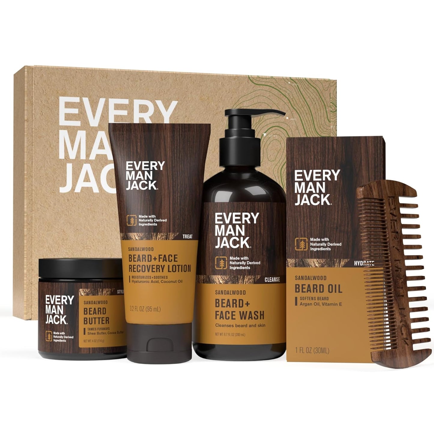 Every Man Jack Men's Sandalwood Beard Set - Perfect for Every Guy - Five Grooming Essentials For a Complete Routine - Beard + Face Wash, Beard + Face Lotion, Beard Oil, Beard Butter, and Beard Comb