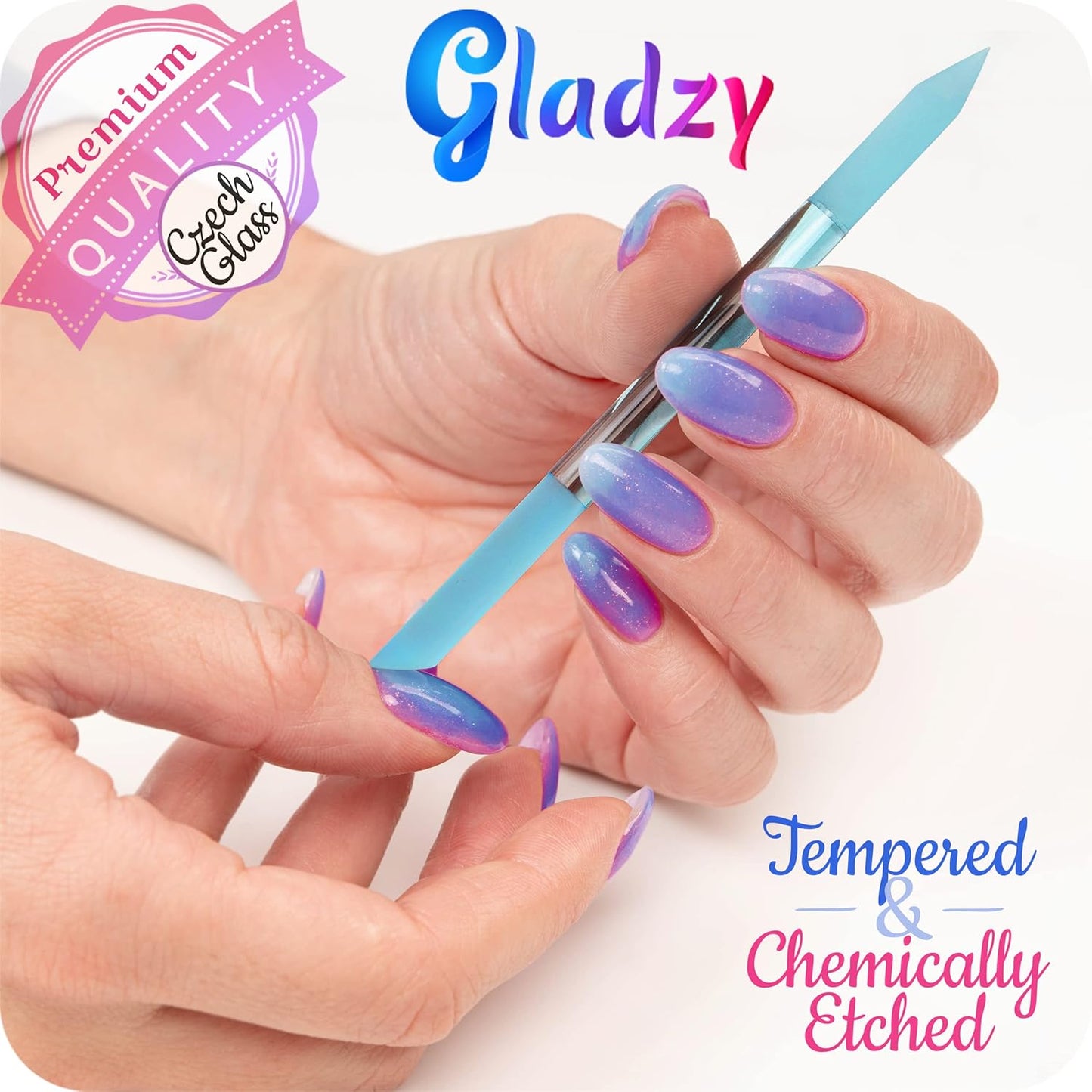 GLADZY Glass Cuticle Pusher - Manicure Cuticle Stick - Crystal Glass Cuticle Remover - Professional Nail Care Tool - Genuine Czech Quality Premium File Set