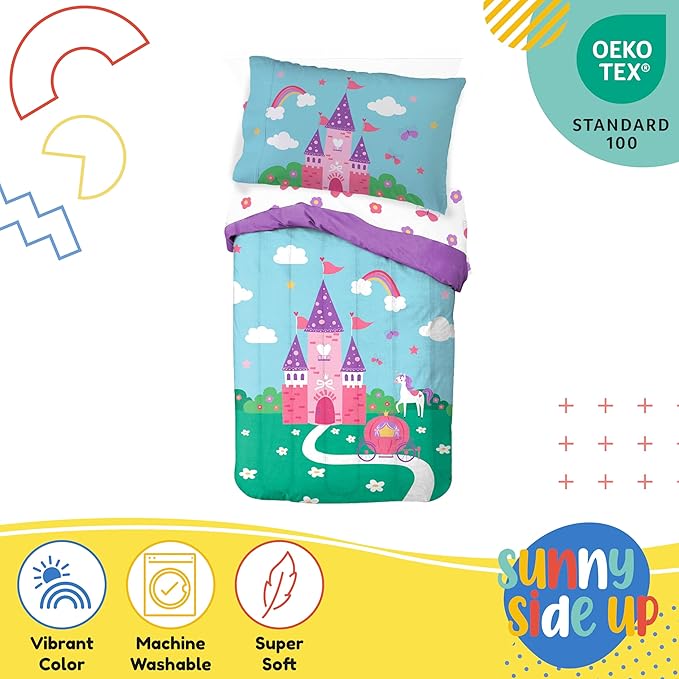 Sunny Side Up Magic Castle Toddler Comforter Set - 4 Piece Preschool Bedding Includes Comforter, Sheets & Pillow Cover - Super Soft Floral Microfiber Bed Set