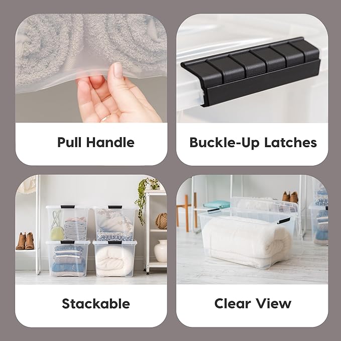 IRIS USA 68 L (72 QT) Plastic Storage Box with Lid and Latches - 4 Pack - BPA-Free, See-Through Organizing Solution, Durable Nestable Stackable Containers, Secure Pull Handle - Clear