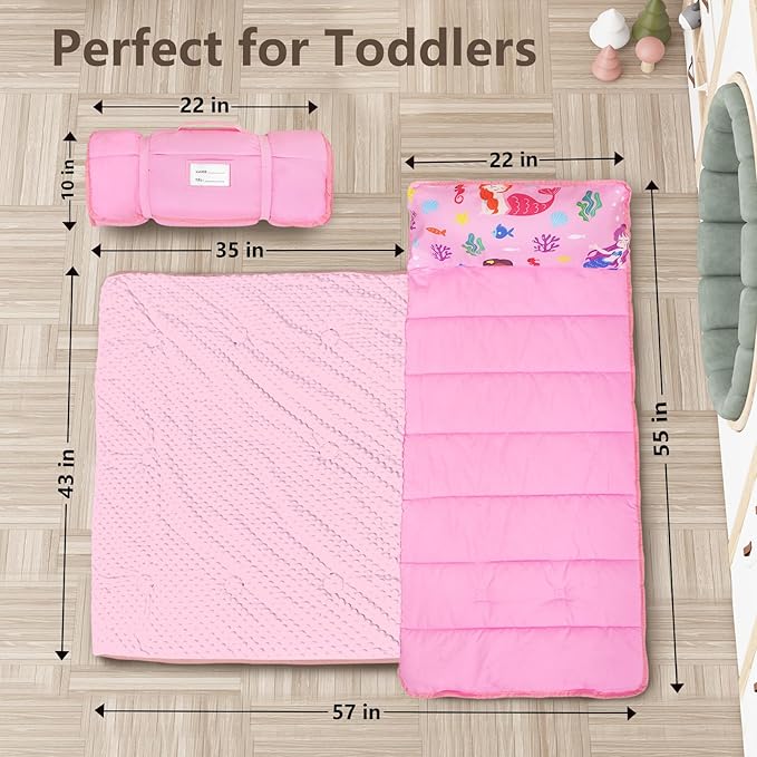 Primlect Toddler Nap Mat with Removable Pillow and Fleece Blanket, Extra Large 55''x35'' Sleeping Bag, Washable, Light, Easy to Roll up, Perfect for Daycare, Preschool, Kindergarten, Travel