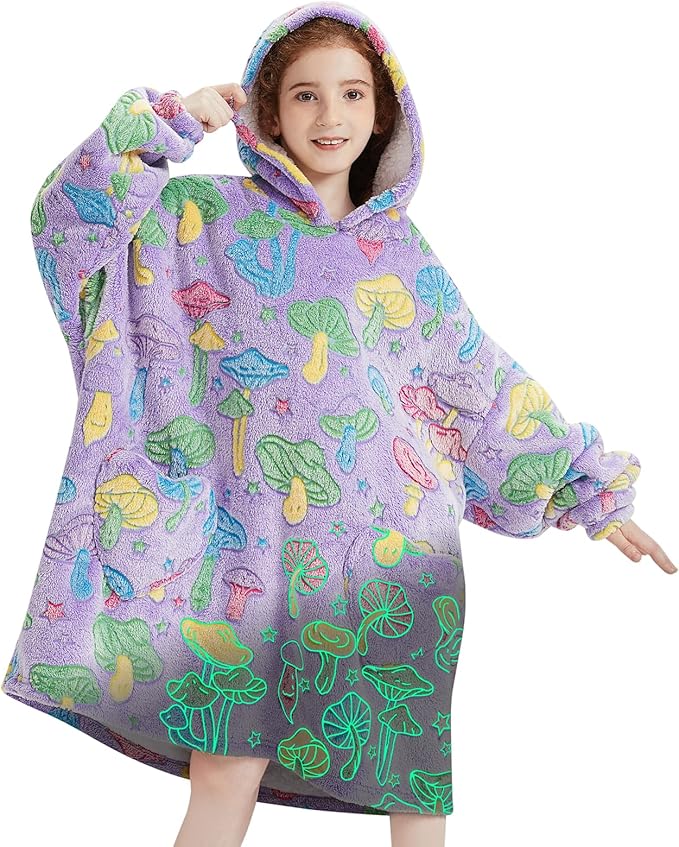 Fiosnow Glow in the Dark Mushroom Blanket Hoodies for Kids 6-13YR Oversize Wearable Blanket Hoodies for Boys Girls Teens