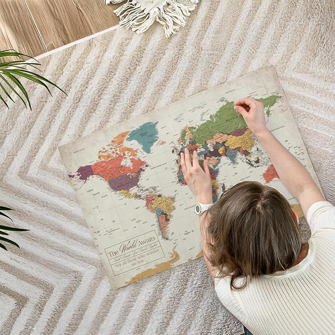 ElephantStock - Personalized World Awaits II Push Pin World Map Wall Art - Horizontal Canvas Wall Art - Living Room Wall Decor - Digital Art Map Canvas Art - Green And Beige Decor - 30" x 20"