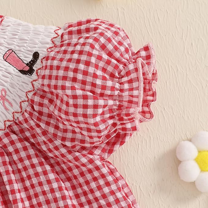 Baby Girl Smocked Western Romper Short Sleeve Bubble Rompers Summer Clothes Plaid Print Embroidery Bow Bodysuit Tops