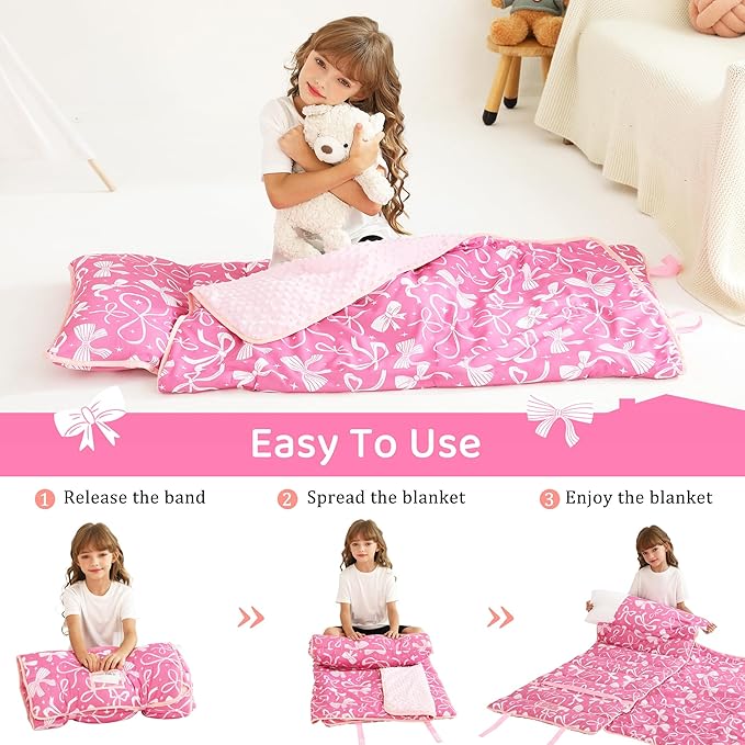 Toddler Nap Mat for Preschool 50''x30'' Sleeping Mat with Removable Pillow and Minky Blanket for Kids Ages 3-7 Roll Up Soft Sleeping Bag for Boys Girls Kindergarten Daycare Sleepover