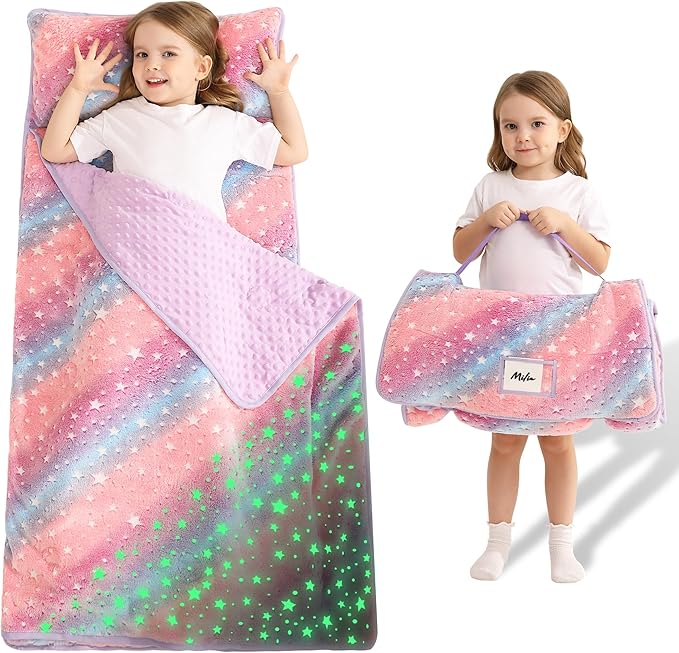 Toddler Nap Mat with Pillow and Blanket, Extra Large Rolled Napping Mats,Slumber Bags for Boys Girls,Kids Sleeping Bag for Daycare, Preschool Travel Camping