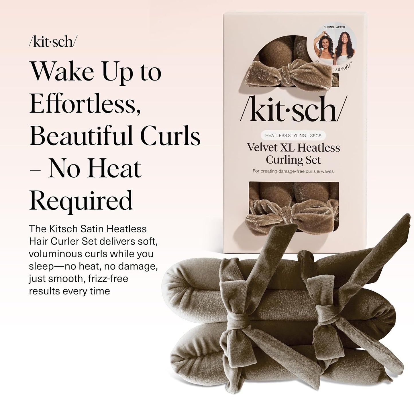 Kitsch Velvet XL Heatless Curling Set - Hair Curler for Heatless Curls Overnight - Flexi Rod & Hair Curlers to Sleep In, No Heat Damage Styling - With Two Velvet Bow Scrunchies - Eucalyptus