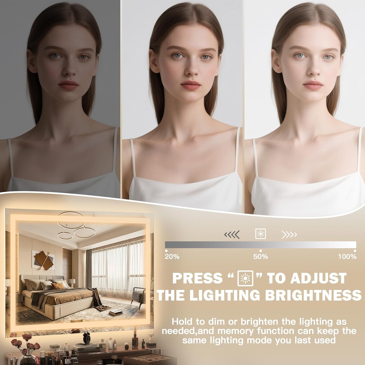 42x32 Inch Lighted Vanity Mirror, 3-Color Lighting & Dimmable Modes, Large LED Makeup Mirror for Bathroom/Dressing Room (Wall/Tabletop Mount, White)