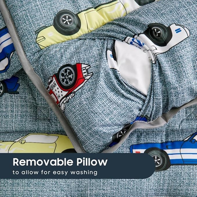 Wake In Cloud - Toddler Nap Mat with Pillow and Blanket, for Kids Boys Ages 3 Plus in Kindergarten Daycare Preschool, Roll Up Sleeping Bag, Race Cars Vehicles