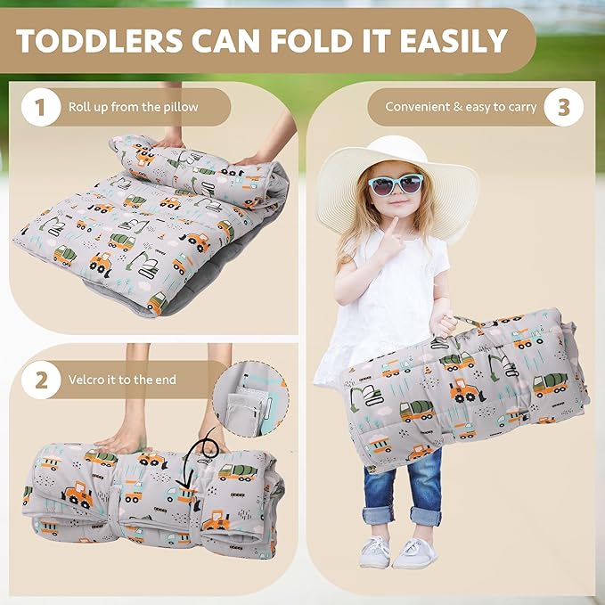 Toddler Nap Mat with Detachable Pillow & Blanket - Soft Plush Minky Fleece Kids Sleeping Bag for Daycare, Preschool & Travel - Portable Roll-Up Design with Carry Handle - Boys Girls Ages 3+