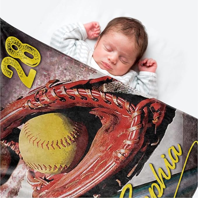 Baby Kids Personalized Baseball Blanket - Custom Name and Number - Soft Warm and Fluffy Flannel Fabric Gift for Sports Lovers 50x60inch