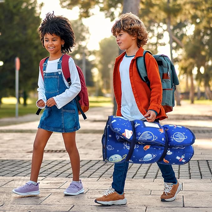 Primlect Thickened Toddler Nap Mat with Removable Pillow and Minky Blanket, Extra Large 55''x35'' Sleeping Bag, Washable, Roll up, Perfect for Daycare, Preschool, Kindergarten, Boys and Girls (Space)