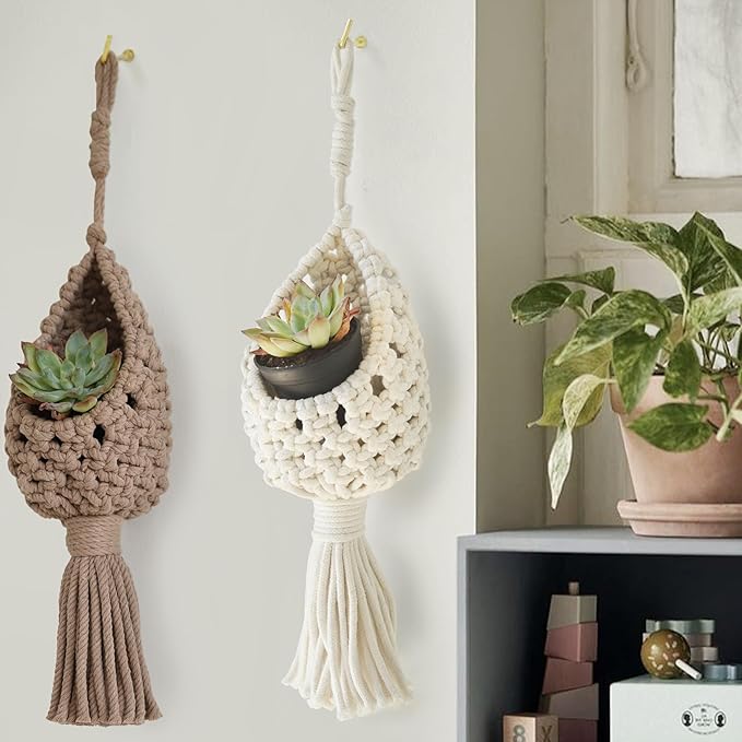 Macrame Wall Hanging Boho Decor Set of 2 Handmade Hanging Accents White & Cream Coffee Color Decorative Woven Wall Art for Living Room or Home Décor