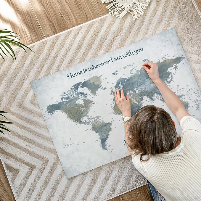 ElephantStock - Home With You II Push Pin World Map Wall Art - Horizontal Canvas Wall Art - Living Room Wall Decor - Digital Art Map Canvas Art - Blue And Gray Decor - 39" x 26"