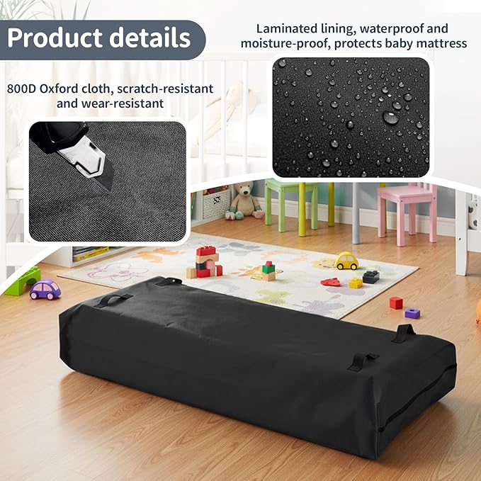 1 Pcs Crib Mattress Storage Bag with Zipper and 8 Reinforced Handles Oxford Cloth Waterproof Crib Mattress Protector Bag for Storage, 52.5 x 28 x 6.5 Inches (Black)