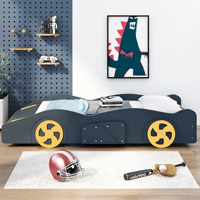 SOFTSEA Twin Car Shaped Bed Frame Modern Car-Shaped Platform Bed with Storage Headboard and Wheels, Wood Twin Platform Bed with Storage for Kids Boys, No Box Spring Needed, Blue+Yellow